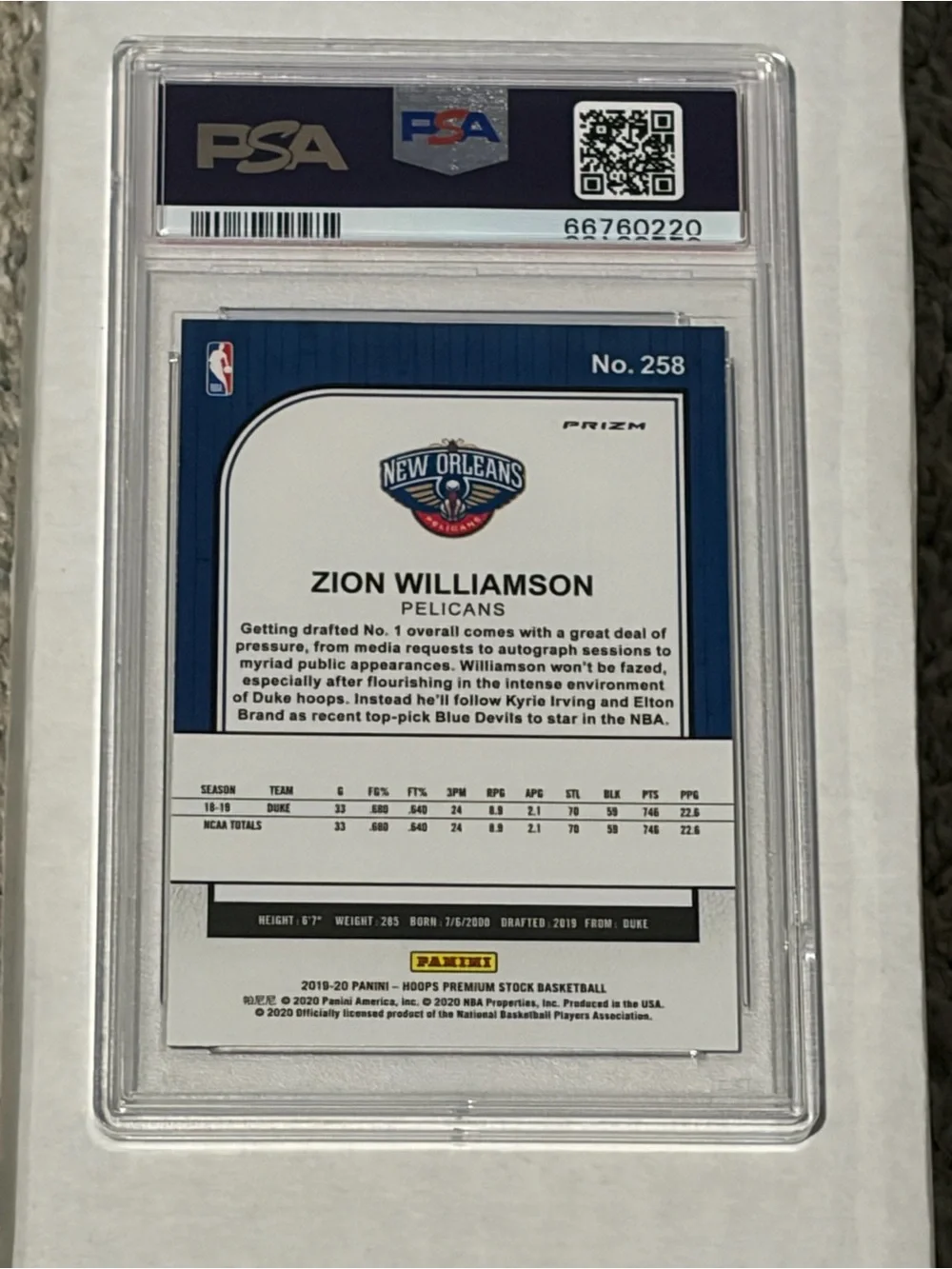 Zion Williamson 2019-20 Panini Hoops Premium Stock Green PSA Gem MINT 10